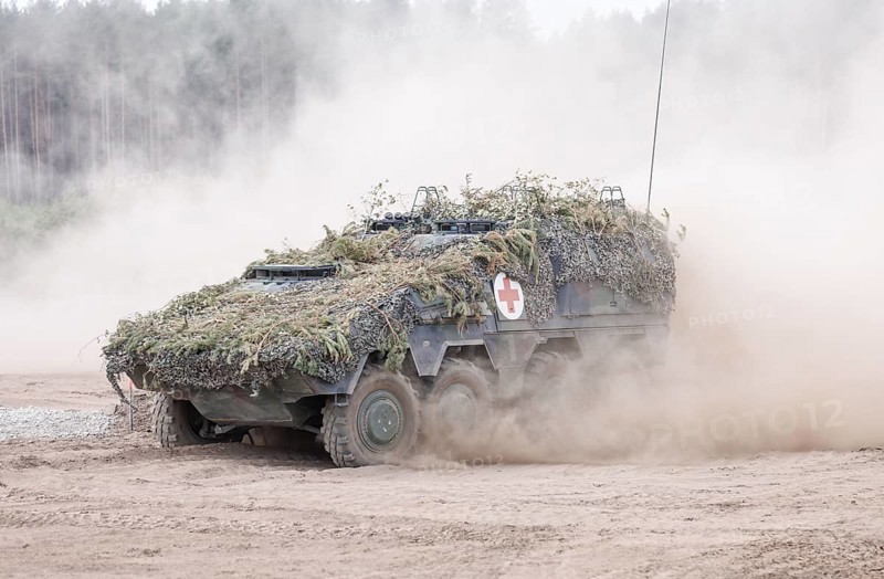 A Boxer armoured transport vehicle as a medical vehicle, taken during the NATO Steadfast Defender large-scale manoeuvre and the German part of the exercise, Quadriga 2024, in Pabrade, 29.05.2024