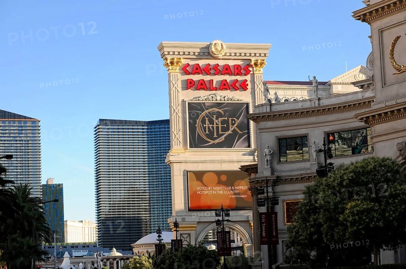 Las Vegas, Nevada, USA, North America, Caesars Palace building with big sign, skyscrapers in the background, Las Vegas Strip, North America