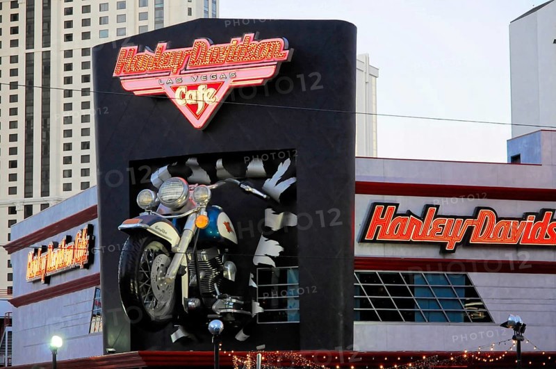 Las Vegas, Nevada, USA, North America, Large Harley Davidson Cafe in Las Vegas, illuminated, with a huge motorbike on the facade, Las Vegas Strip, North America