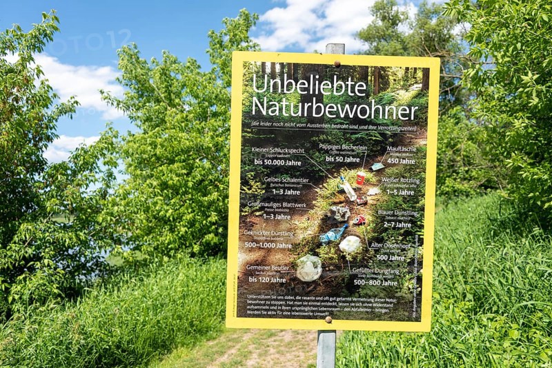 Information sign about unpopular natural inhabitants, indicates how long waste takes to decompose, Hohenwarthe, Saxony-Anhalt, Germany, Europe