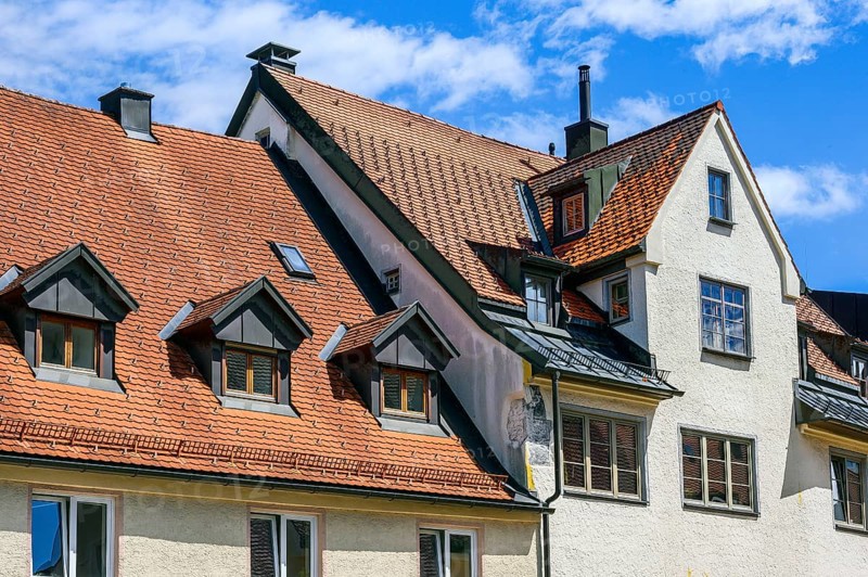 Tiled roof with pointed gable and dormer windows, Kempten, Allgaeu, Bavaria, Germany, Europe