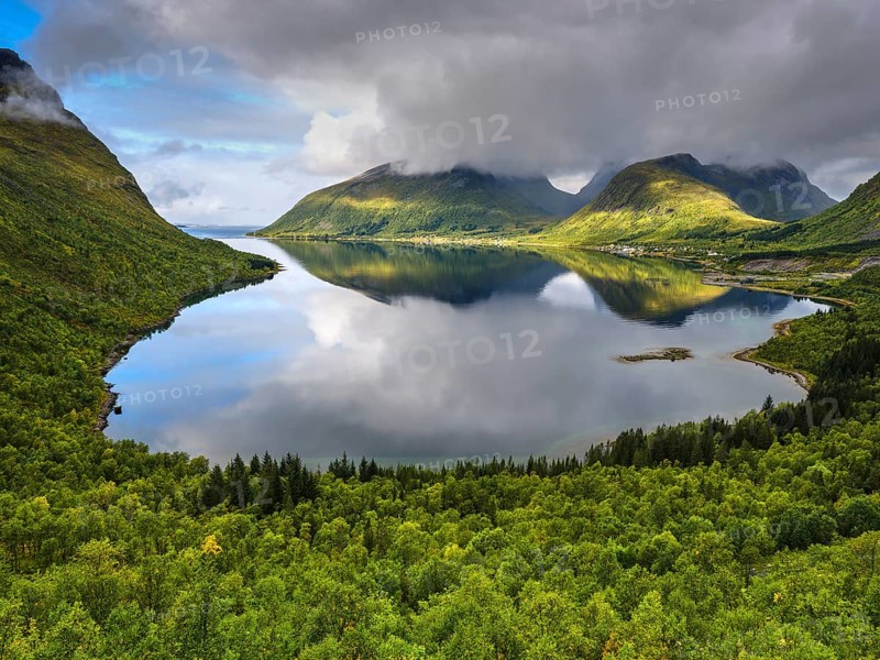 View of the Steinfjord, misty mountains, green landscape, Senja, Norway, Europe