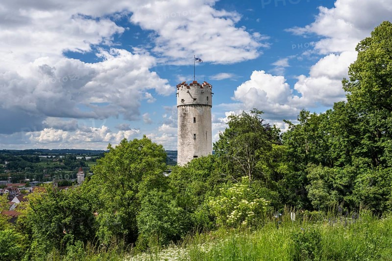 The defence defence tower built in 1425, called Mehlsack, in the historic old town of Ravensburg, Ravensburg district, Baden-Wuerttemberg, Germany, Europe