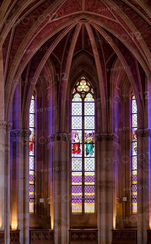 Interior view, stained glass window, choir, Friedrichswerder Church, architect Karl Friedrich Schinkel, Berlin, Germany, Europe