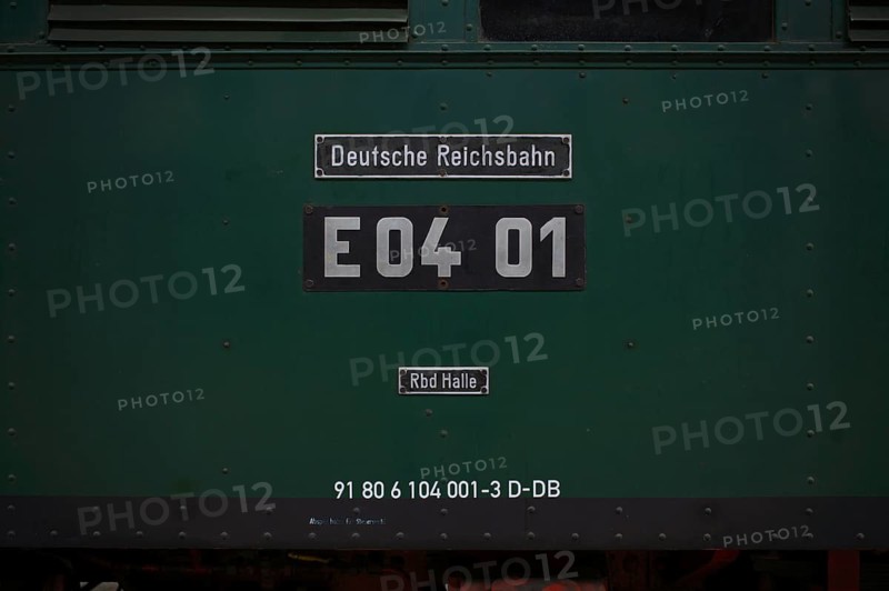 Type plate of the class E04 electric locomotive, Deutsche Reichsbahn DR, museum track 24 with historical trains, museum, railway museum, monument, main station, terminus station, Leipzig, Saxony, Germany, Europe