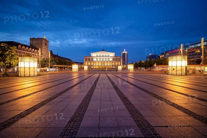 Opera, Winter Garden Tower, Krochhochhaus, Augustusplatz, evening mood, blue hour, Leipzig, Saxony, Germany, Europe
