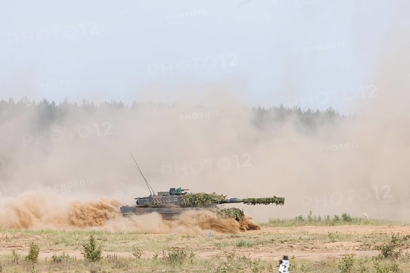 A Leopard 2 main battle tank, photographed during the NATO Steadfast Defender exercise and the German part of the exercise, Quadriga 2024, in Pabrade, 29.05.2024