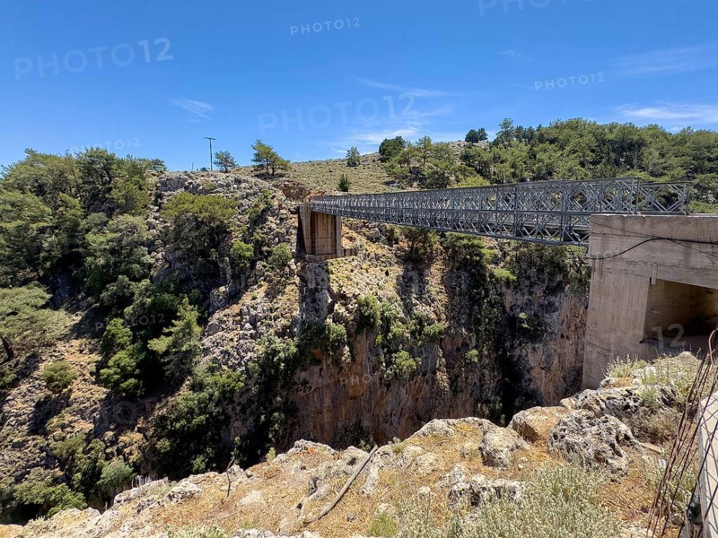 View from car park above Aradena gorge to steel girder bridge over gorge part of road from Anopolis to Aradena, Aradena, Crete, Greece, Europe