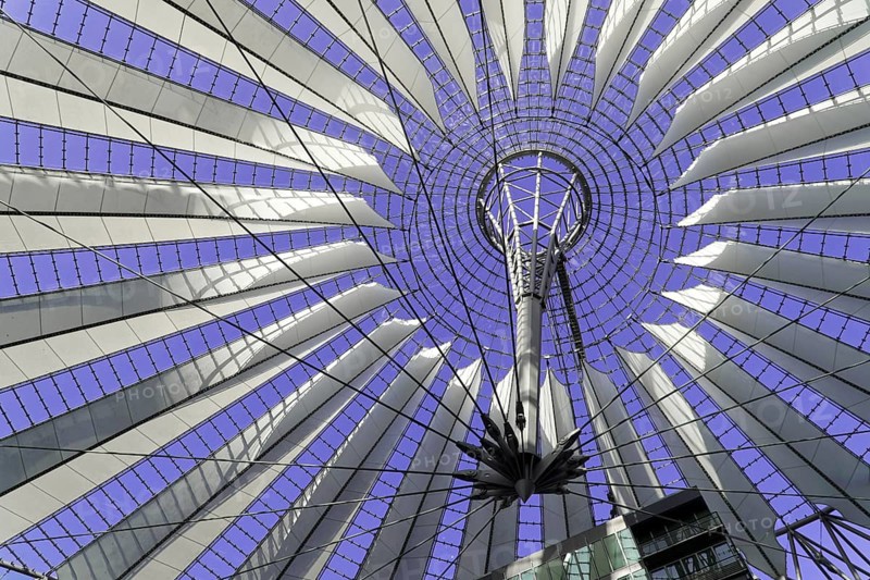 Dome, Sony Centre, Mitte, Berlin, Germany, Europe, A modern metal roof construction with a purple background in geometric patterns, Europe