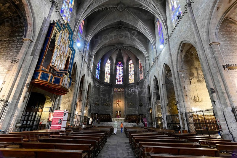 Basilica of Santa Maria del Pi in Barcelona, Catalonia, Spain, Architecture in the Catalan Gothic style from the 14th century, Europe, The interior of a church with vaulted ceilings and rows of benches, in the background colourful stained glass windows and a wooden pulpit, Barcelona, Europe