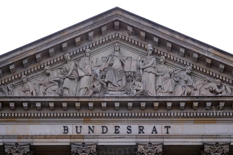 Lettering and relief in the tympanum above the main portal of the Bundesrat, Berlin, Germany, Europe
