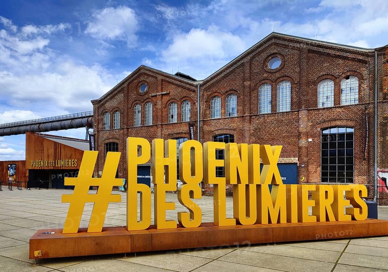 Phoenix des Lumieres lettering, light installations in the Phoenixhalle, Phoenix-West, Hoerde, Dortmund, Ruhr area, North Rhine-Westphalia, Germany, Europe