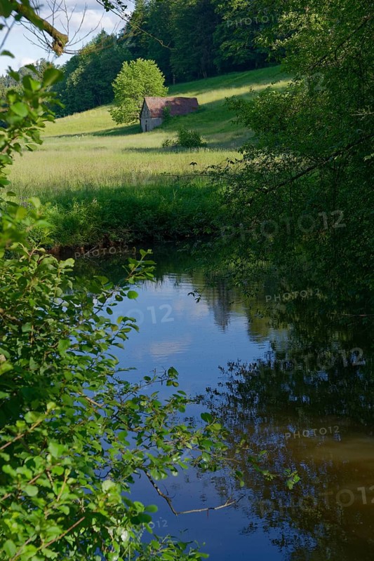 Rottal near Oberrot, cycle path, river, stream, red, green, May, Swabian-Franconian Forest nature park Park, Schwaebisch Hall, Rottal, Baden-Wuerttemberg, Germany, Europe