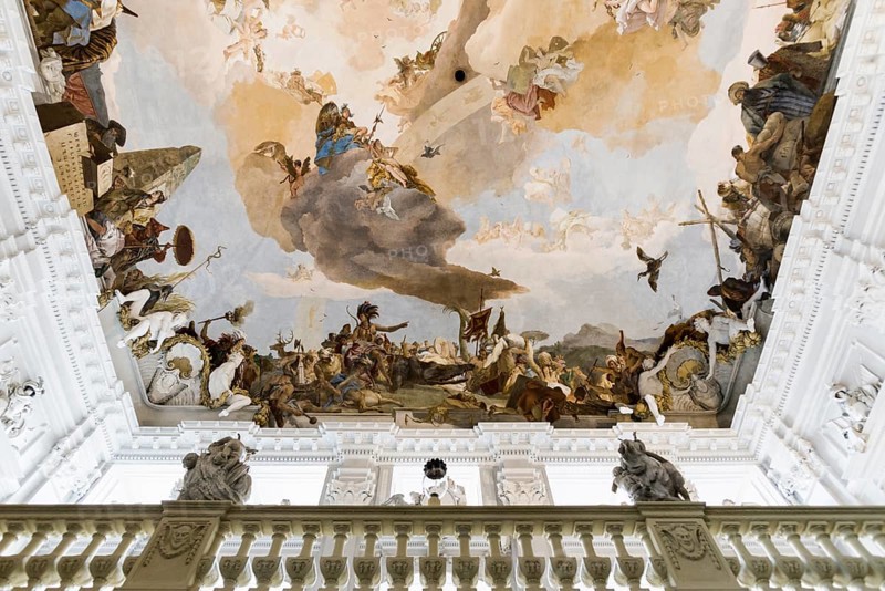 Staircase, fresco, ceiling painting by Tiepolo, Wuerzburg Residence, UNESCO World Heritage Site, Wuerzburg, Lower Franconia, Franconia, Bavaria, Germany, Europe