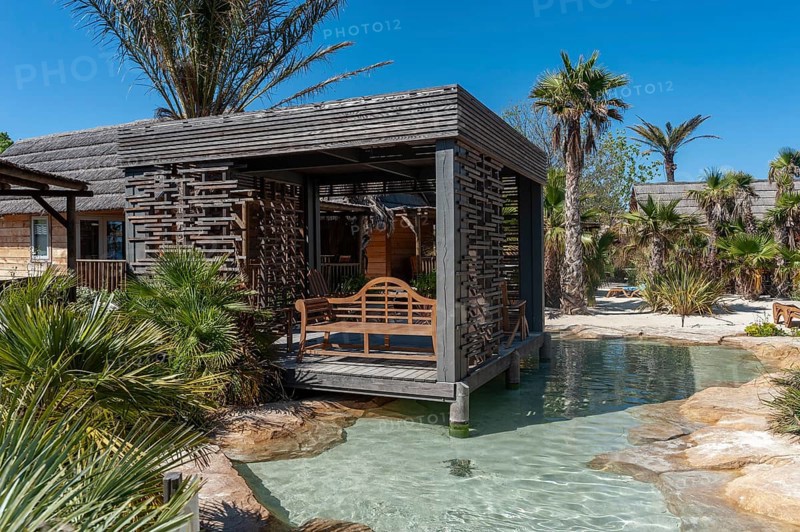 Modern wooden architecture in the holiday home development on the Plage de Port Grimaud beach, Port Grimaud, Var, Provence-Alpes-Cote d Azur, France, Europe