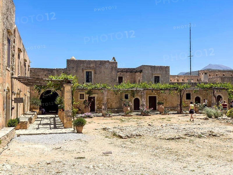 View of east wing of private residential wing Monks' residential building in UNESCO World Heritage Site historic orthodox monastery of Moni Arkadi Arkadi Monastery from the early Middle Ages, important national monument national shrine on the island of Crete, Arkadi, Armnatos, Crete, Greece, Europe