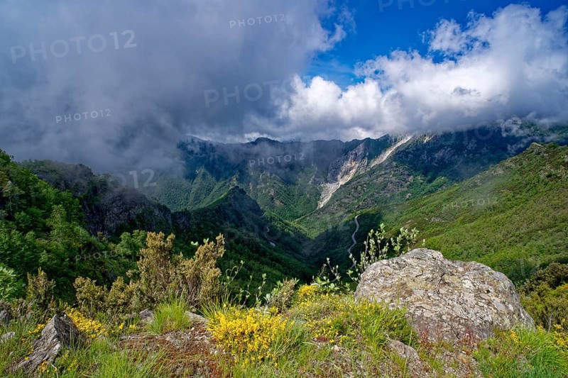 Mountain panorama from Passo Croce in the Garfagnana mountain landscape to the cloudy peaks of the Apuan Alps, Levigliane, Castelnuovo, Tuscany, Italy, Southern Europe, Europe