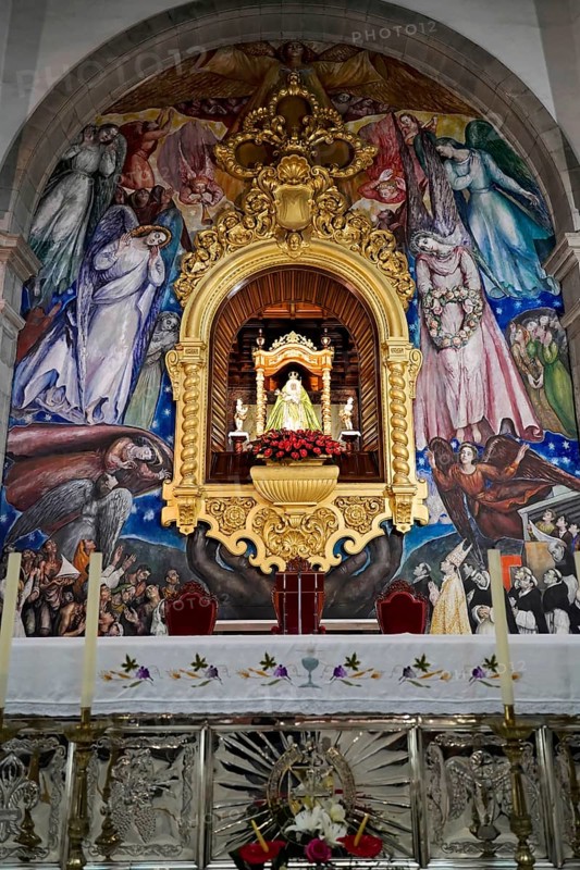 Basilica de Nuestra Senora, Candelaria, Tenerife, Canary Islands, Spain, Europe, Artfully decorated church altar with golden details and colourful murals depicting sacred scenes, Europe