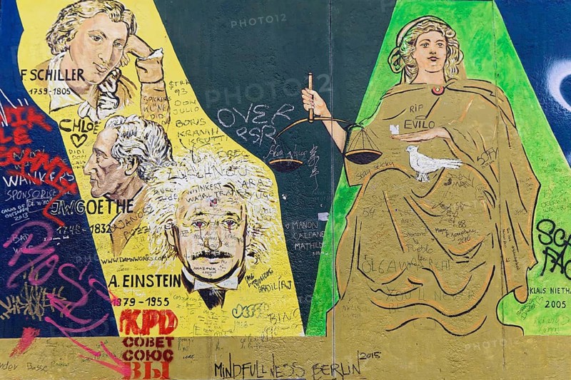 Wall art with portraits of famous personalities such as Goethe, Schiller and Einstein, murals, East Side Gallery, Mauergalerie, Berlin, Germany, Europe