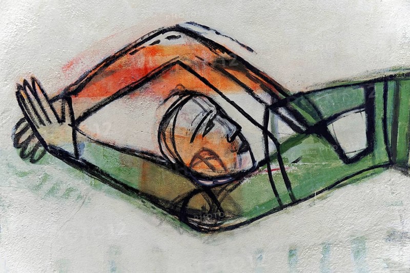 Abstract wall painting of a reclining figure in green and orange, wall painting, East Side Gallery, Mauergalerie, Berlin, Germany, Europe