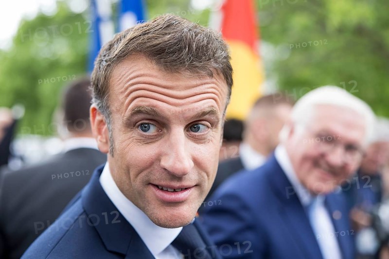 Emmanuel Macron (President of the French Republic) at the stage talk in the dialogue forum at Demokratie feiern. / The Basic Law turns 75, together it will be a celebration, Berlin, 26 May 2024