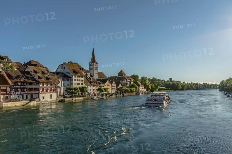 View of the old town of Diessenhofen with excursion boat on the Rhine, Canton Thurgau, Switzerland, Europe