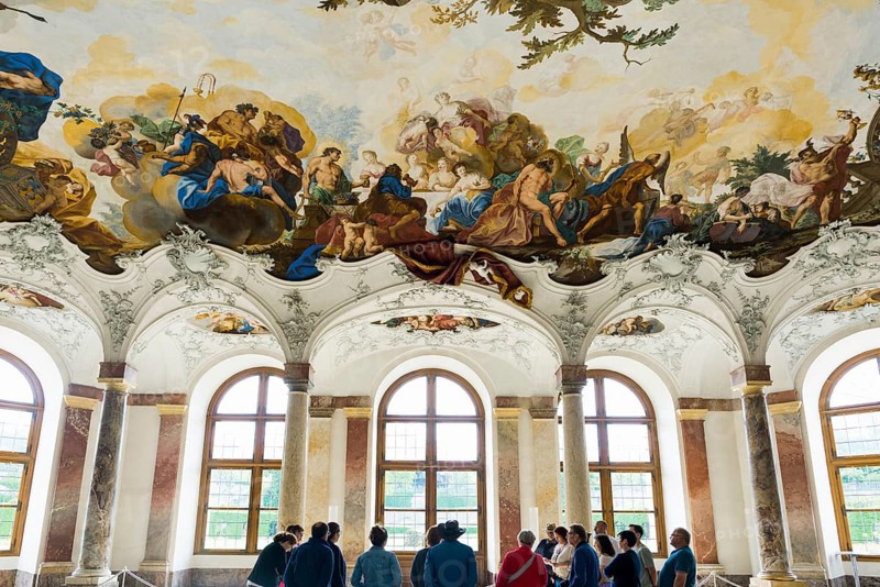 Garden Hall, fresco, ceiling painting by Tiepolo, Wuerzburg Residence, UNESCO World Heritage Site, Wuerzburg, Lower Franconia, Franconia, Bavaria, Germany, Europe