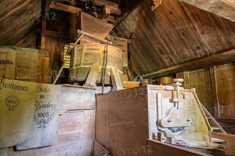 An old, fully functional flour mill, house mill, built in 1767, original location: Peterzell in the Black Forest, open-air museum Neuhausen ob Eck, district of Tuttlingen, Baden-Wuerttemberg, Germany, Europe