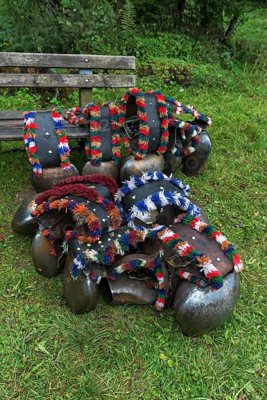 Cow jewellery bells, prepared for the cattle drive, gabled house, Bad Hindelang, Allgaeu, Bavaria, Germany, Europe