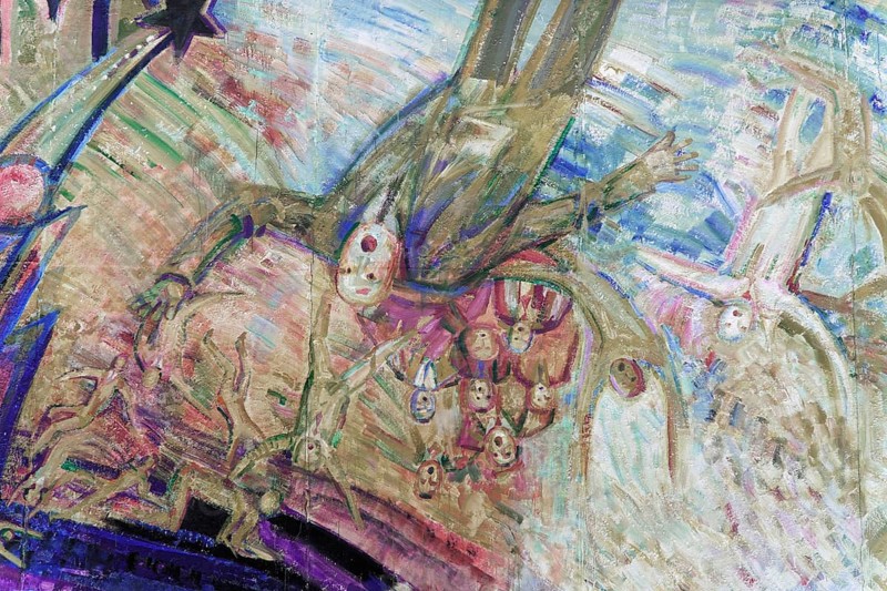Graffiti on the Berlin Wall in the East Side Gallery, Berlin, Germany, Europe, Abstract graffiti showing a surreal scene with many colourful details and faces, East Side Gallery, Warschauer Strasse, Europe