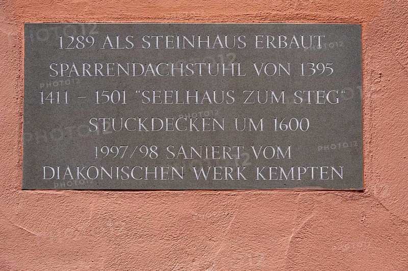 Information board at the Muehlberg ensemble is a heritage-protected group of late medieval houses, Kempten, Allgaeu, Bavaria, Germany, Europe