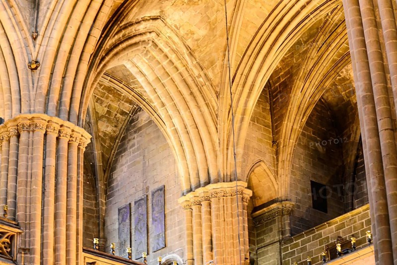 Interior view, La Catedral de la Santa Creu i Santa Eulalia, Barri Gotic, Barcelona, Catalonia, Spain, Europe, Detailed view of the Gothic architecture of a church with high arches, Europe