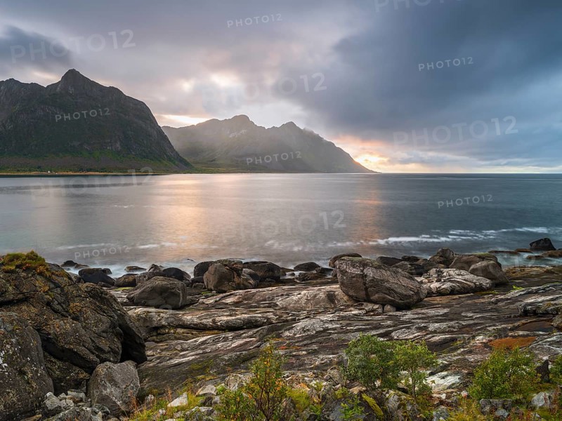 Rocky coast of Tungeneset, sunrise, Senja, Norway, Europe