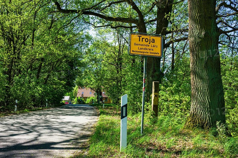 Town sign Troja Mueritz, Laerz, Mecklenburg-Vorpommern, Germany, Europe