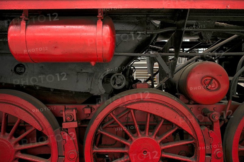 Close-up of engine, wheels, steam locomotive class 52 of the Deutsche Reichsbahn DR with tub tender, museum track 24 with historical trains, monument, museum, railway museum, main station, terminus station, Leipzig, Saxony, Germany, Europe