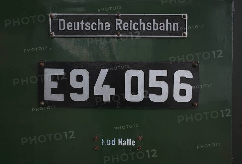 Type plate of the class E94 electric locomotive, Deutsche Reichsbahn DR, also German Crocodile, museum track 24 with historical trains, monument, museum, railway museum, memorial, main station, terminus station, Leipzig, Saxony, Germany, Europe