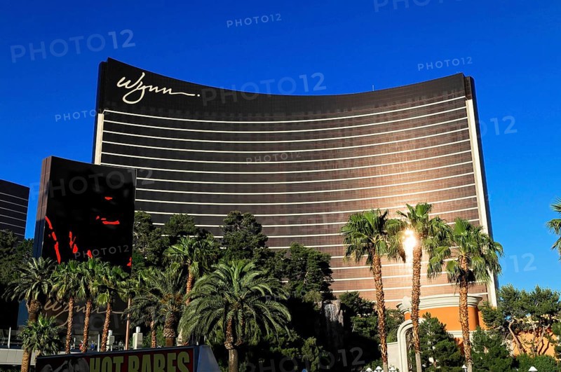 Las Vegas, Nevada, USA, North America, Hotel building with modern architecture, surrounded by palm trees, under a bright blue sky, Las Vegas Strip, North America