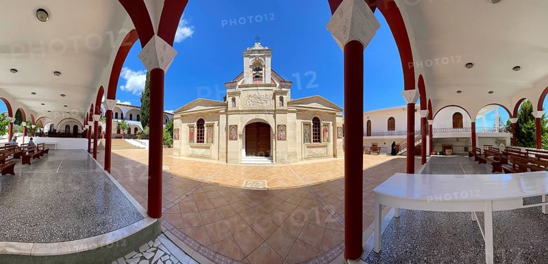 Panoramic photo of historical orthodox church monastery church Zoodochos Pege in Byzantine style from 14th century in today's nunnery monastery of Panagia Kalyviani Kaliviani, Faneromeni, Tymbaki, Crete, Greece, Europe