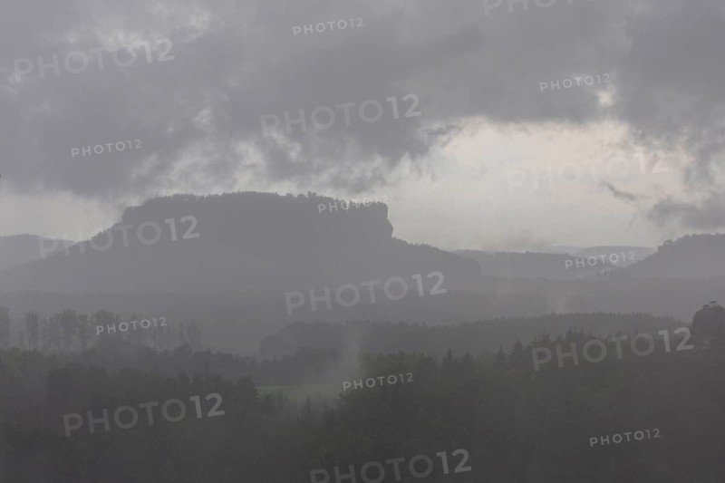 View from the goat's back in Saxon Switzerland during a thunderstorm, cloudburst, Hohnstein, Saxony, Germany, Europe