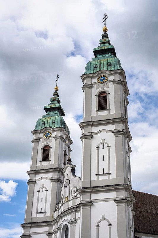 The twin towers of the Catholic parish church of St Peter, formerly the monastery church of the Augustinian canons of St Peter, 1479, from 1712 Baroque, Bad forest lake, Upper Swabia, Swabia, Baden-Wuerttemberg, Germany, Europe