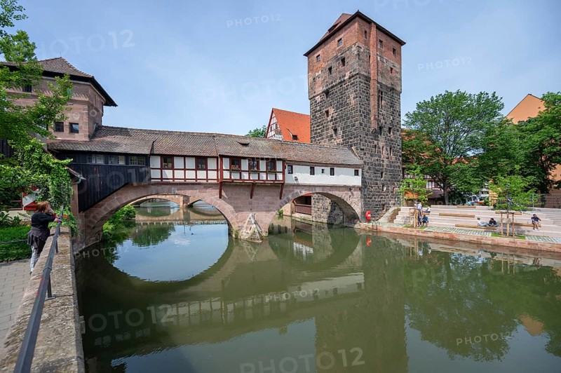 Henkersteg with water tower on the Pegnitz Nuremberg, Middle Franconia, Bavaria, Germany, Europe
