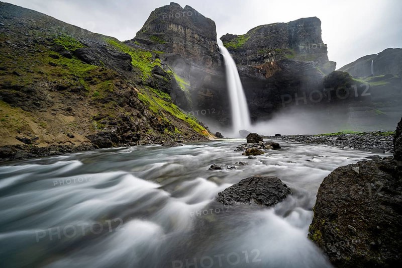 Haifoss and Granni waterfall at a canyon, Fossá í Thjórsárdal, with river í Thjórsárdal, long exposure, dramatic landscape, Hekla, Iceland, Europe