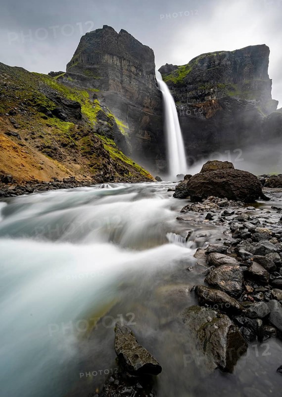 Haifoss and Granni waterfall at a canyon, Fossá í Thjórsárdal, with river í Thjórsárdal, long exposure, dramatic landscape, Hekla, Iceland, Europe