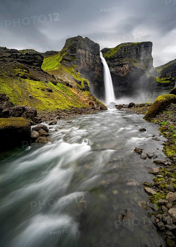Haifoss and Granni waterfall at a canyon, Fossá í Thjórsárdal, with river í Thjórsárdal, long exposure, dramatic landscape, Hekla, Iceland, Europe