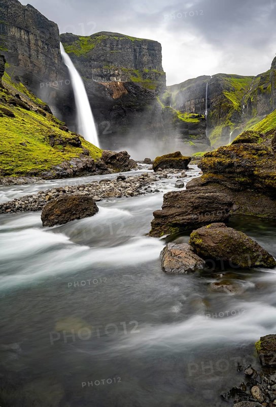Haifoss and Granni waterfall at a canyon, Fossá í Thjórsárdal, with river í Thjórsárdal, long exposure, dramatic landscape, Hekla, Iceland, Europe
