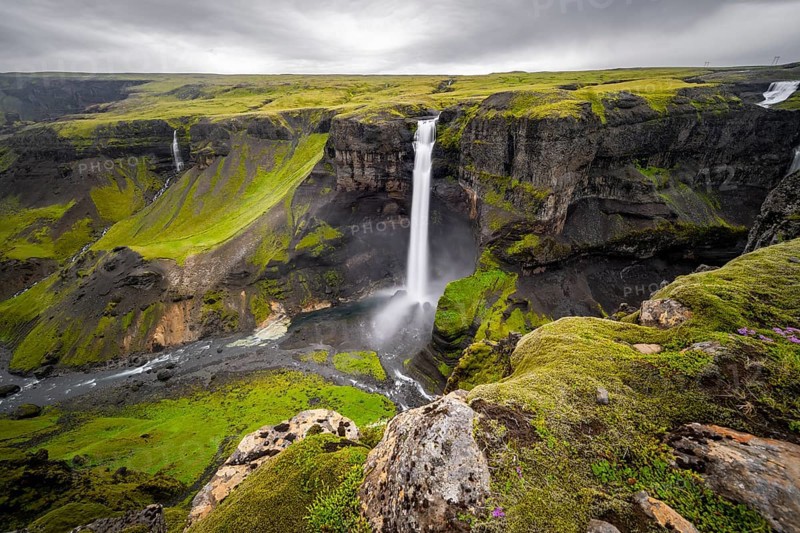 River and waterfalls at a canyon with green moss, Haifoss and Granni waterfall at a canyon, Fossá í Thjórsárdal, with river í Thjórsárdal, long exposure, dramatic landscape, Hekla, Iceland, Europe