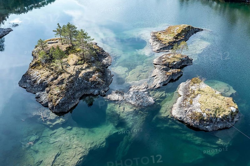 Aerial view of islands in lake Lovatnet (or: Loenvatnet), valley Lodalen south of village Loen, Norway, Europe