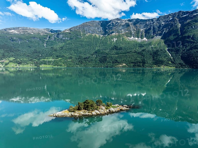 Aerial view over the Lustrafjord, the inner branch of the Sognefjord, island with trees, near Dalsoren, Sognefjord, Norway, Europe