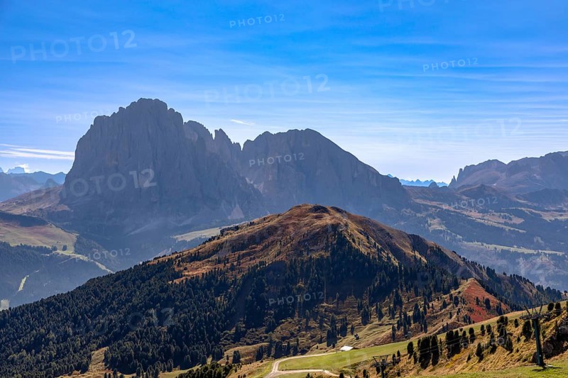 View from the Seceda to Sassolungo and Sassopiatto, Val Gardena, South Tyrol
