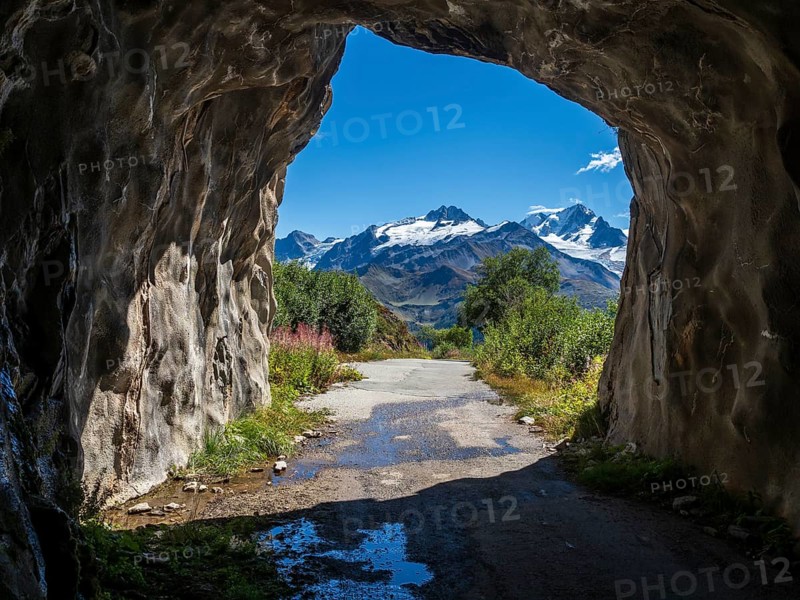 Hiking path at lake Emosson, road tunnel, Lac de Emosson, Switzerland, Europe